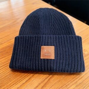 Acne Dark Blue Ribbed Beanie with Tan Patch